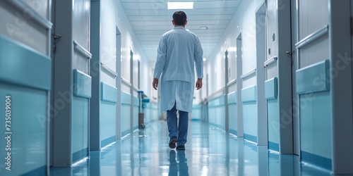 A man physician strolling through hospital hallway. photo