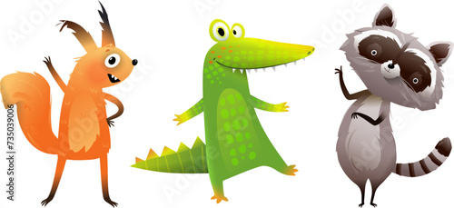 Cute baby animals set isolated clipart for children. Raccoon crocodile and squirrel, happy colorful animal characters for kids. Funny vector cartoon illustration clipart set.
