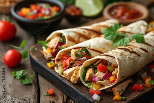 Authentic Mexican cuisine with freshly made tortilla fajita wraps filled with chicken and veggies.