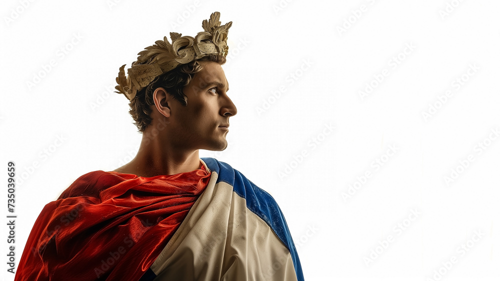 Profile of a Caucasian man wearing a golden laurel wreath and draped in the French flag, with large empty background space, evoking the Olympic spirit in Paris Profile of a Caucasian man wearing a golden laurel wreath and draped in the French flag, with large empty background space, evoking the Olympic spirit in Paris