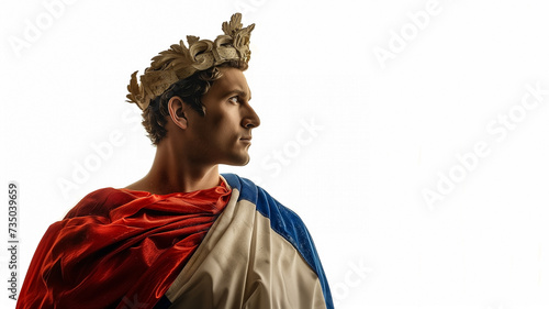 Profile of a Caucasian man wearing a golden laurel wreath and draped in the French flag, with large empty background space, evoking the Olympic spirit in Paris photo