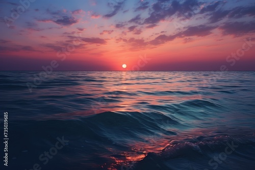 serene sea with full moon rising in sunset sky
