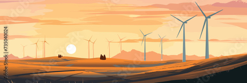 Energy concept background with wind turbines generators, evening panorama landscape, illustration vector