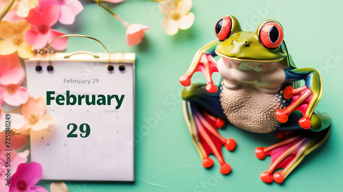 A cheerful funny Frog, a symbol of the day in leap year, sits near a calendar with the date February 29. Frog jump event celebration concept