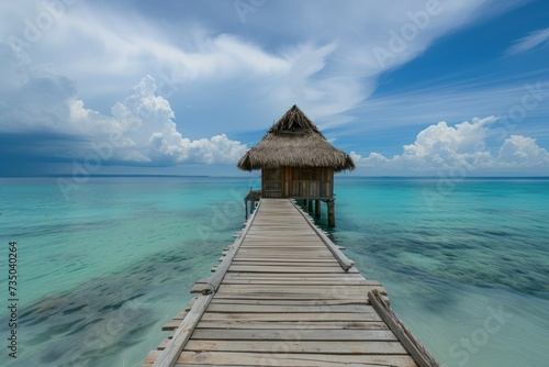 A wooden pier leading to a thatched house in the ocean