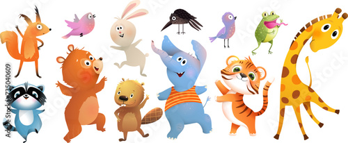 Cute happy zoo animals collection isolated clipart for children. Bear giraffe elephant bunny tiger and squirrel happy jumping characters for kids. Vector colorful cartoon illustration clipart set.