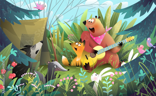 Group of cute animals camping in pine forest  singing song with guitar. Bear plays guitar and sings a song with fox wolf bunny and birds. Vector illustration for children story in watercolor style.
