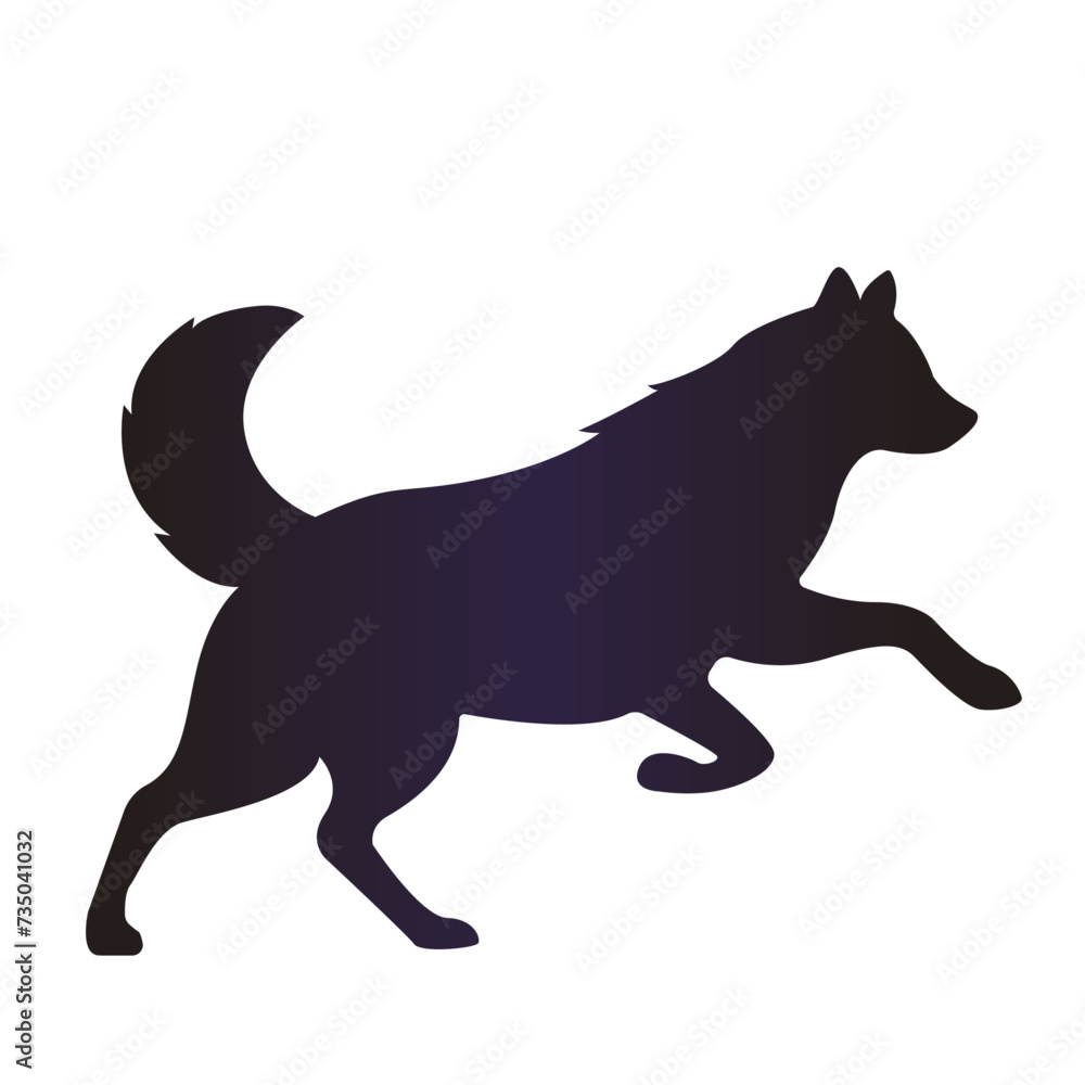 Running wolf silhouette on white background. Animal figure isolated
