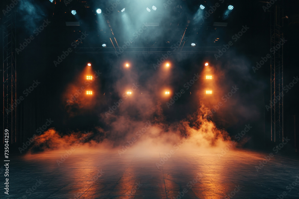 Mesmerizing abstract light show in an empty concert hall with a dark background, the stage illuminated by bright beams of light with a hazy haze on the floor. Neon light. Banner. Copy space