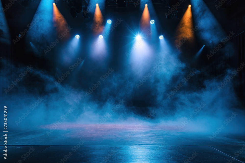 Mesmerizing abstract light show in an empty concert hall with a dark background, the stage illuminated by bright beams of light with a hazy haze on the floor. Neon light. Banner. Copy space