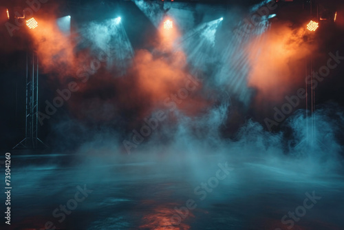 Mesmerizing abstract light show in an empty concert hall with a dark background, the stage illuminated by bright beams of light with a hazy haze on the floor. Neon light. Banner. Copy space