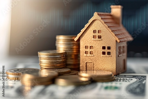 Build a coin tower on a rising graph with a house backdrop, as the FED combats economic issues by raising interest rates, impacting home buyers. photo