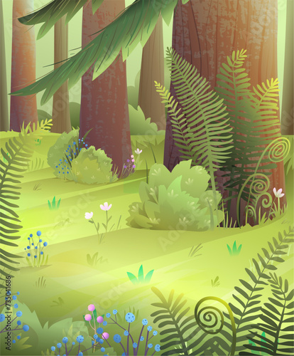 Pine trees forest in summer or spring, green meadow with bush and flowers. Colorful wild nature scenery cartoon for kids. Vector idyllic landscape illustration for children in watercolor style.