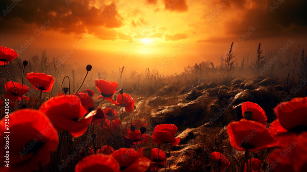 Lone soldier amid a crimson poppy field at dusk, contemplating war's grim reality and yearning for peace, merging historical memory with a vision for harmony. - obrazy, fototapety, plakaty 