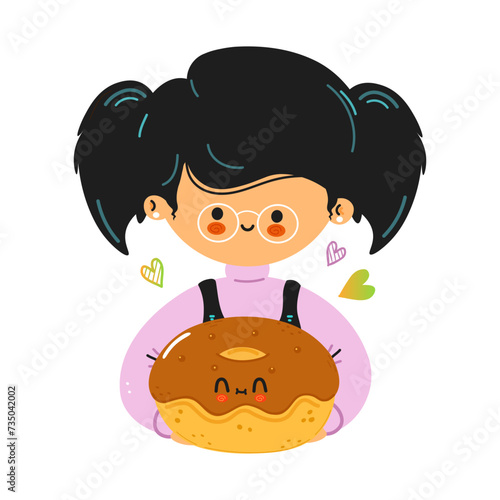 Young cute funny girl hold Donut in hand. Girl hugs cute Donut. Vector hand drawn doodle style cartoon character illustration icon design. Isolated on white background