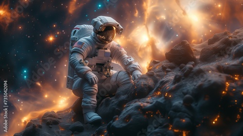 An astronaut perched on a space rock, surrounded by darkness