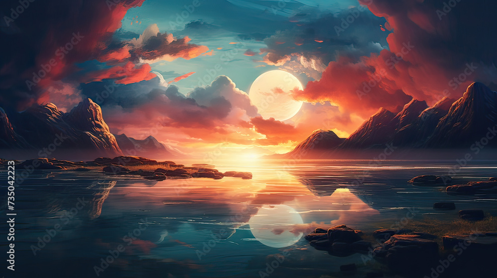 The grandeur of a big sunset, incorporating artistic elements to convey the beauty and majesty of the natural phenomenon background Ai Generative