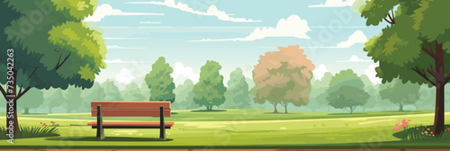 Background of beautiful summer park with trees, bushes and cozy bench. Good place vector illustration photo