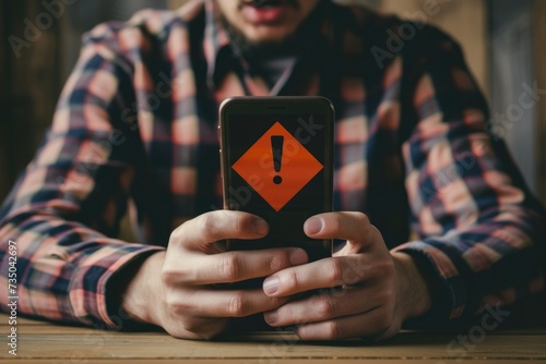 Shocked Man with Smartphone Showing Warning Sign. Surprised man on a city street holding a smartphone displaying an orange exclamation point, suggesting alarming news or alert.

 photo