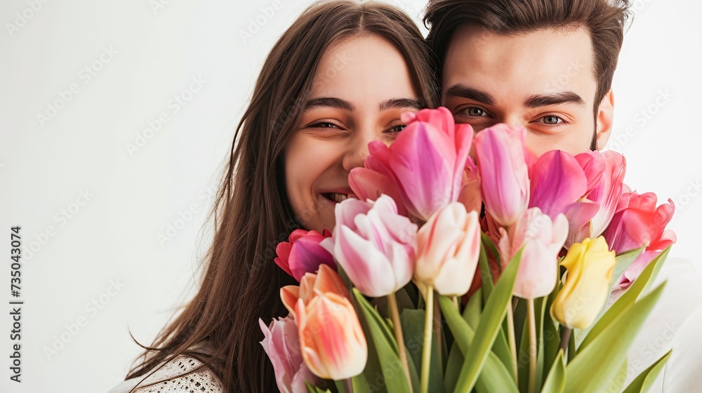 Vertical composition image print featuring a charming pair concealed by tulips new bouquet emotions eternal smooches celebration separate on blank white backdrop.