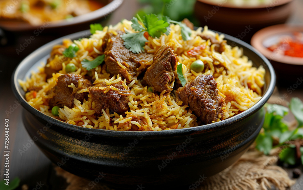 A bowl filled with rice and meat sits on a table in this photography portrait of multiracial people. A bowl filled with rice and meat sits on a table in this photography portrait of multiracial people.