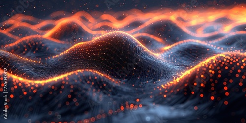 Close up of amber sound waves on black background. The modern concept of big data visualization. Generative AI