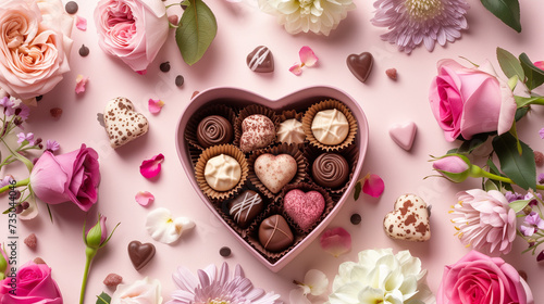 Romantic Heart-Shaped Box of Assorted Chocolates and Pink Roses - Sweet Gift of Love and Affection Concept © Michael