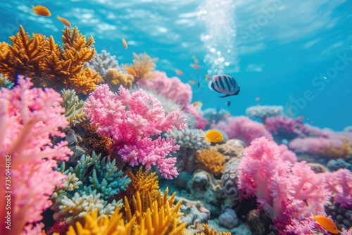 Vibrant coral reefs teem with life  pink and orange hues dominating the underwater tableau  as small fish dart through the scene-a snapshot of marine biology s colorful spectrum.