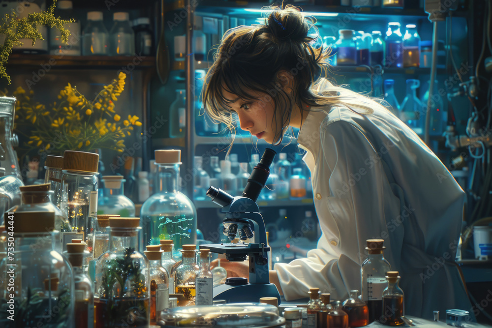 A biologist peers through a microscope, surrounded by glowing vials and botanical specimens, her intense focus reflecting the meticulous nature of scientific research in a vibrant laboratory. A biologist peers through a microscope, surrounded by glowing vials and botanical specimens, her intense focus reflecting the meticulous nature of scientific research in a vibrant laboratory.