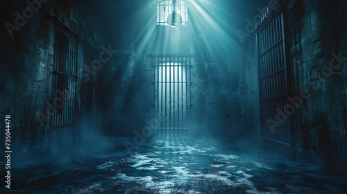 A dimly lit prison cell block with a light beam coming out of the window photo