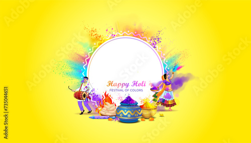 Happy Holi Festival circular template Design. Indian traditional festival of colors background. People playing with Colorful color splash, fun and holi celebration. photo