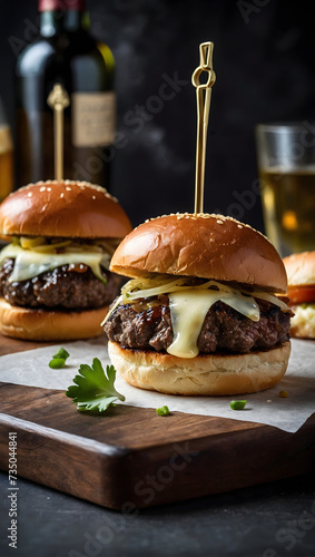 Gourmet sliders with mini wagyu beef patties, caramelized onions, and Gruyère cheese.