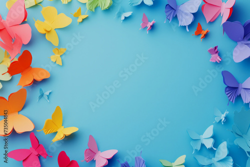 origami paper butterflies on blue background. Colorful origami butterflies flying together. Butterfly Paper Cut on blue Background. with room for text