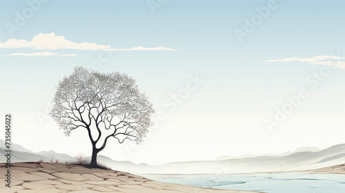 Minimalist illustration of a tree in a desert-like area