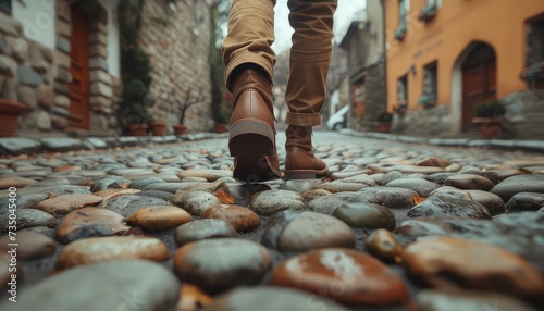 Close up photo of male legs walking on a stone street.
