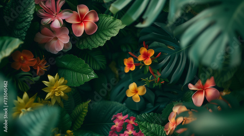 A vibrant collection of tropical plumeria flowers nestled among lush green foliage  evoking the essence of a thriving paradise.