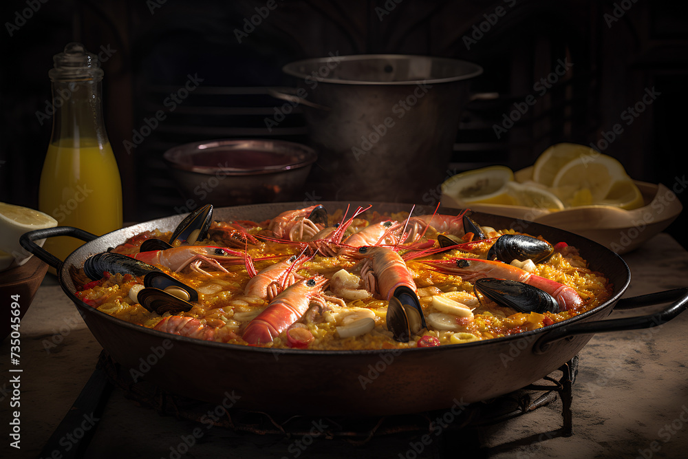 seafood paella in a pan made by midjourney