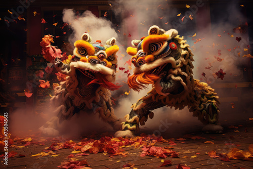  dragon and lion dance show in chinese new year festival