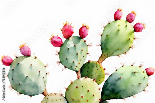 Watercolor cacti with flowers. Juicy bright prickly pear on a white background. Illustration for design, print, fabric or background