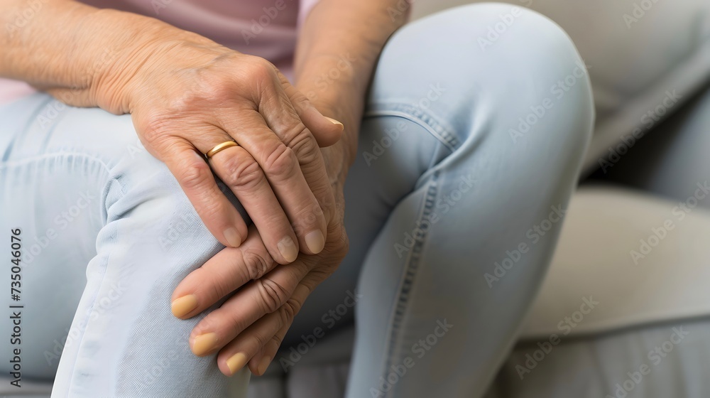 Knee joint pain in elder woman. Concept of osteoarthritis, rheumatoid arthritis or ligament injury Knee joint pain in elder woman. Concept of osteoarthritis, rheumatoid arthritis or ligament injury