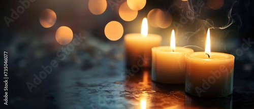 Closeup of three burning candles with copy space