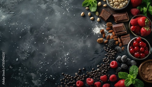 Flat lay composition with chocolate  berries and nuts on dark background. Top view with copy space