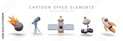 Comet with fiery tail, telescope on tripod, satellite, space rover, rocket