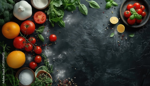 Fresh ingredients for cooking on dark rustic background, top view. Copy space for text
