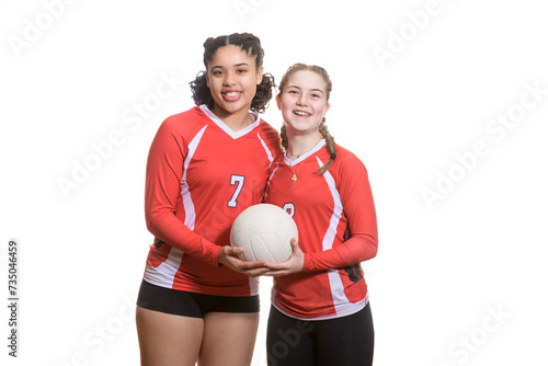 teen volleyball players isolated on white with ball.