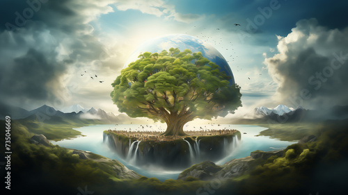 spirit of Earth Day in a surreal and captivating image. Imagine a scene where the wonders of nature merge with the imagination