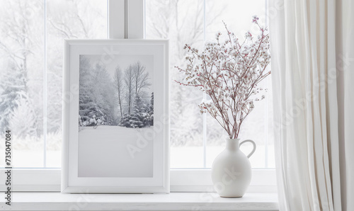 A delicate vase adorns a tall white window  resting on a white wooden table. A framed picture of a snowy landscape serves as the background