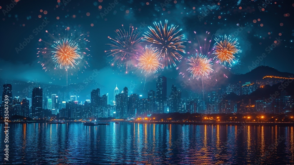 Fototapeta premium Fireworks over the city at night
