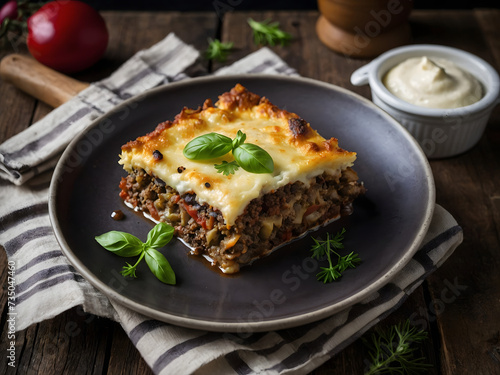 Greek-style moussaka with layers of eggplant, ground lamb, and béchamel sauce. 