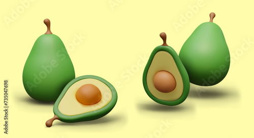 3D green avocado and half with stone. Set of images in plasticine style